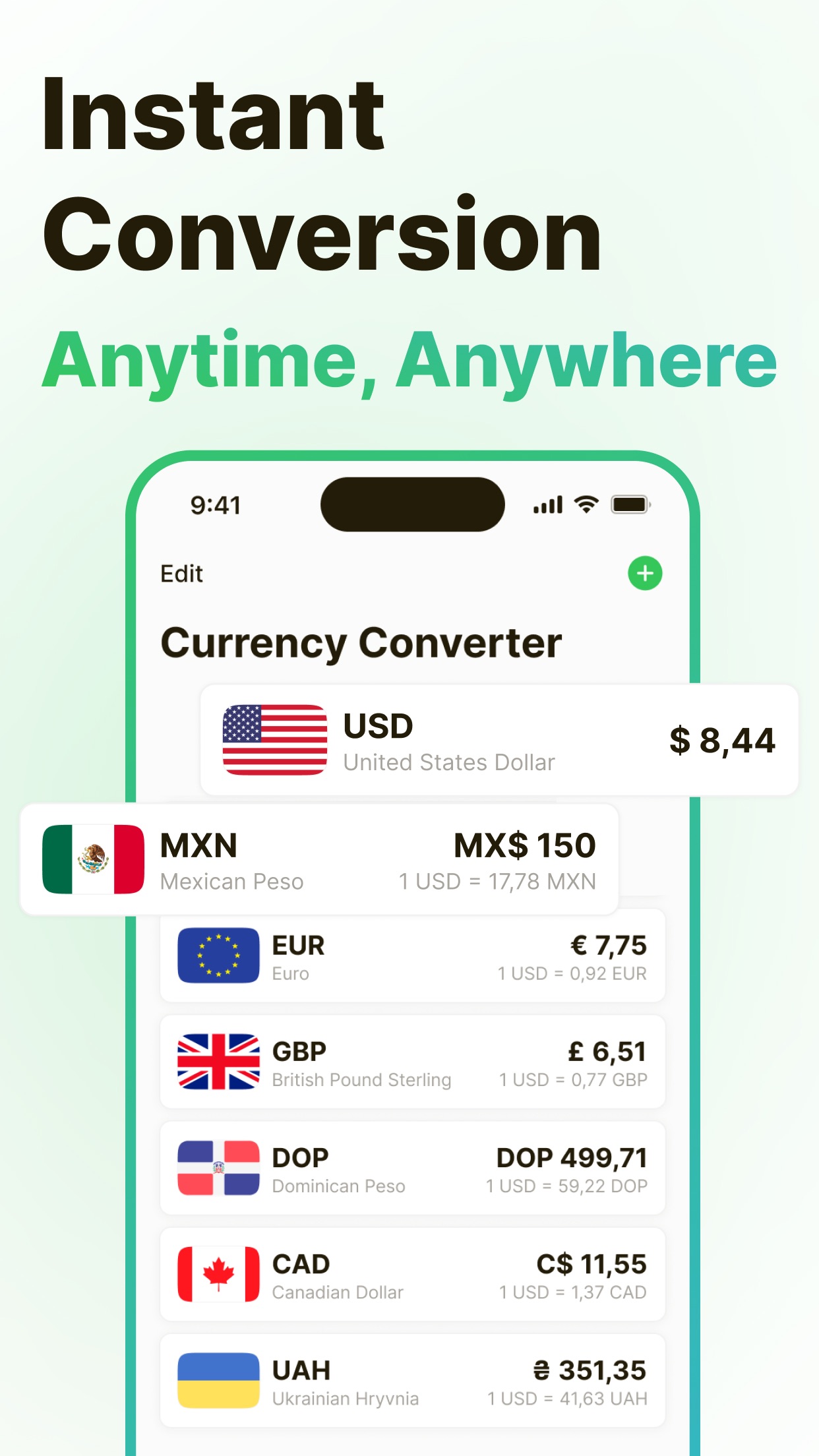 Moneta currency converter showing USD, MXN, EUR, GBP, DOP, CAD, UAH list with USD selected