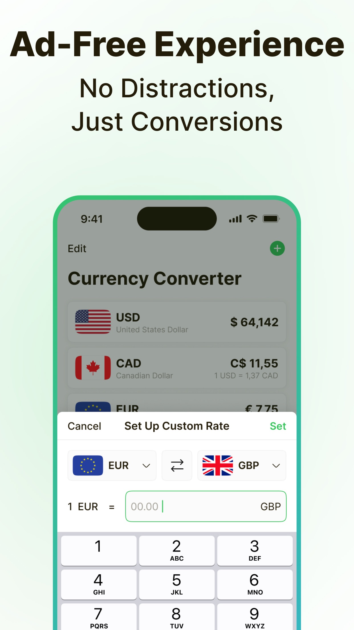 Custom exchange rate setup for EUR to GBP with a numeric keypad