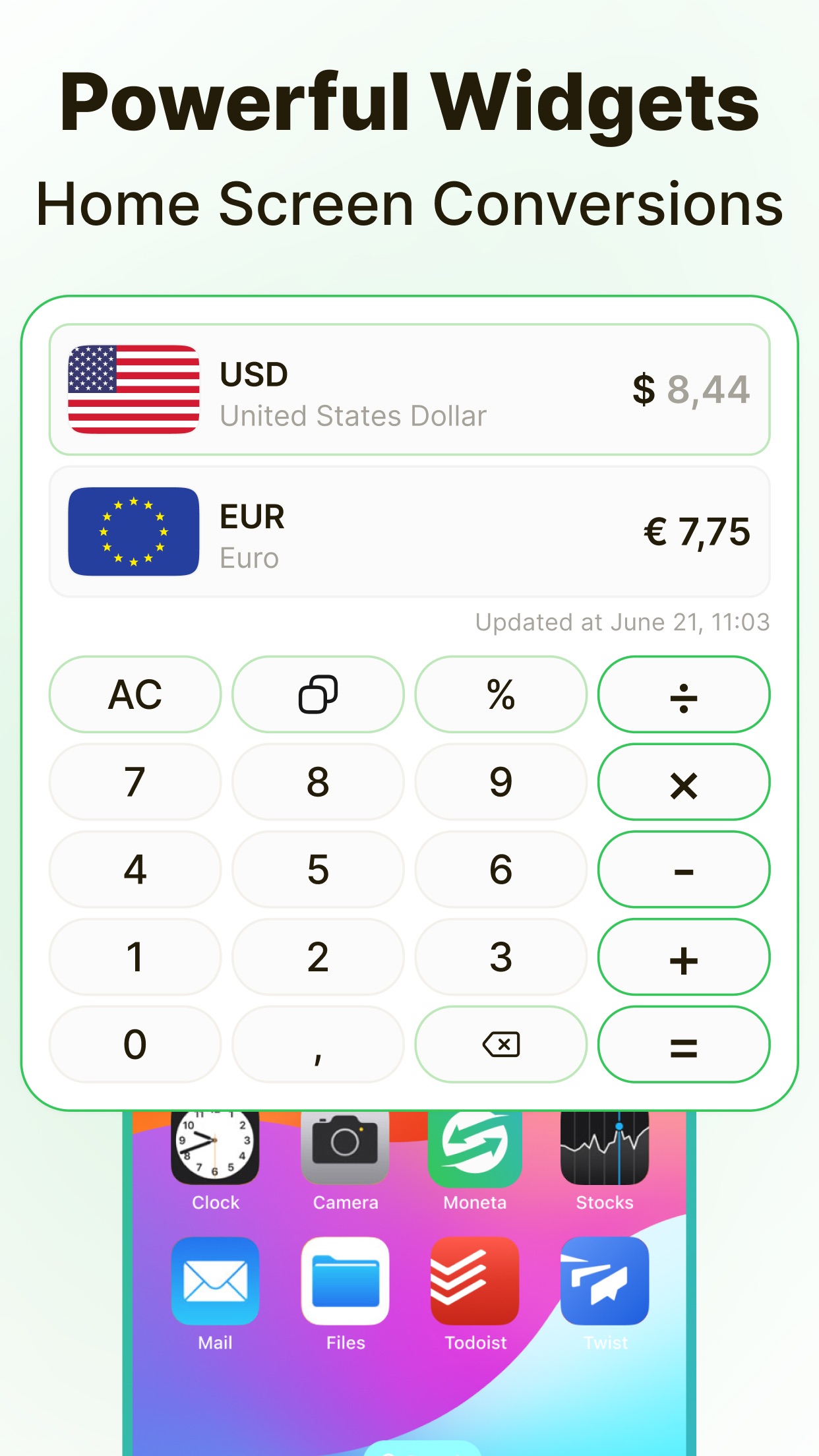 iOS home screen widget showing USD to EUR with a built-in calculator pad
