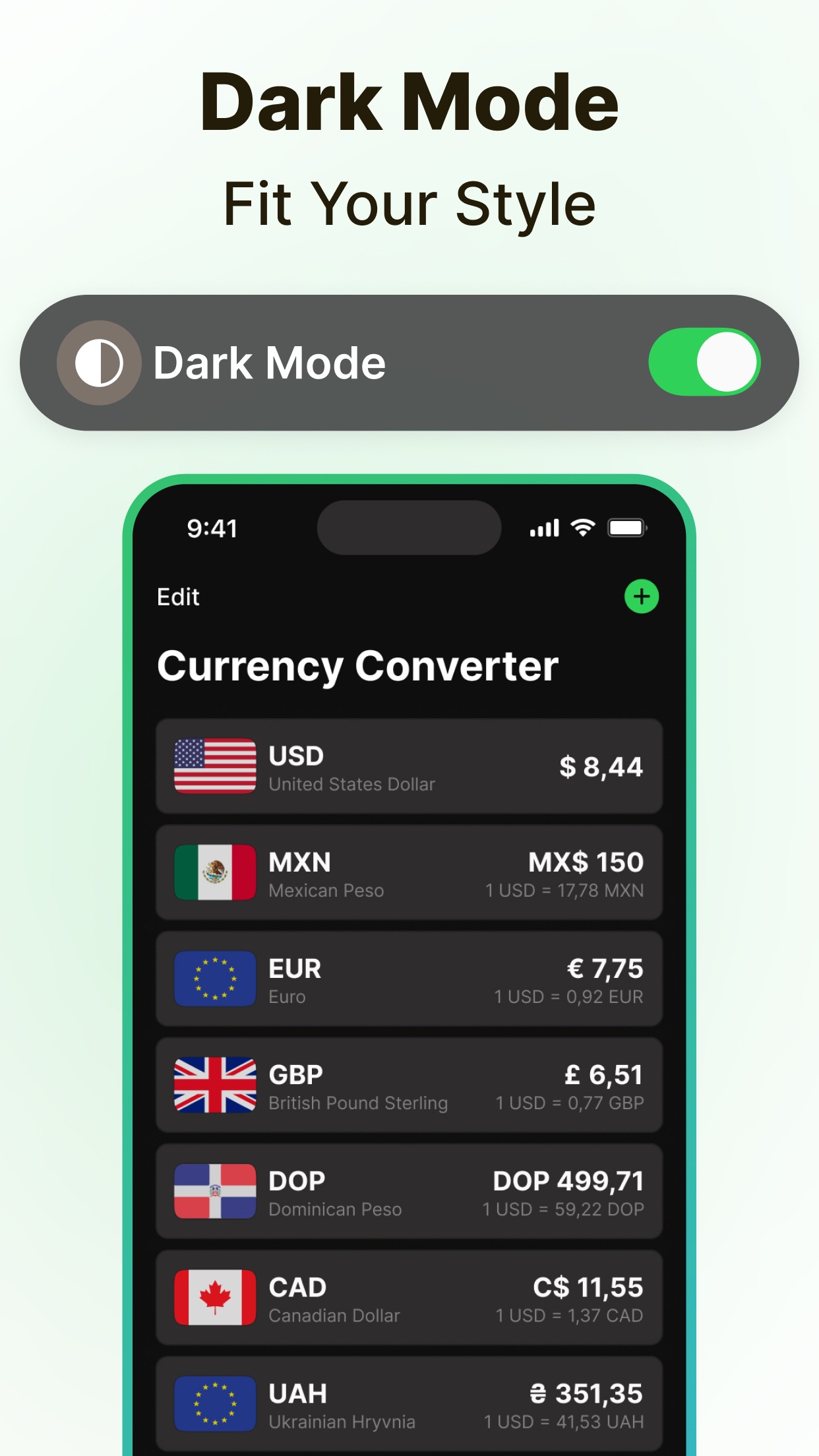 Dark mode currency converter list with USD, MXN, EUR, GBP, DOP, CAD, UAH